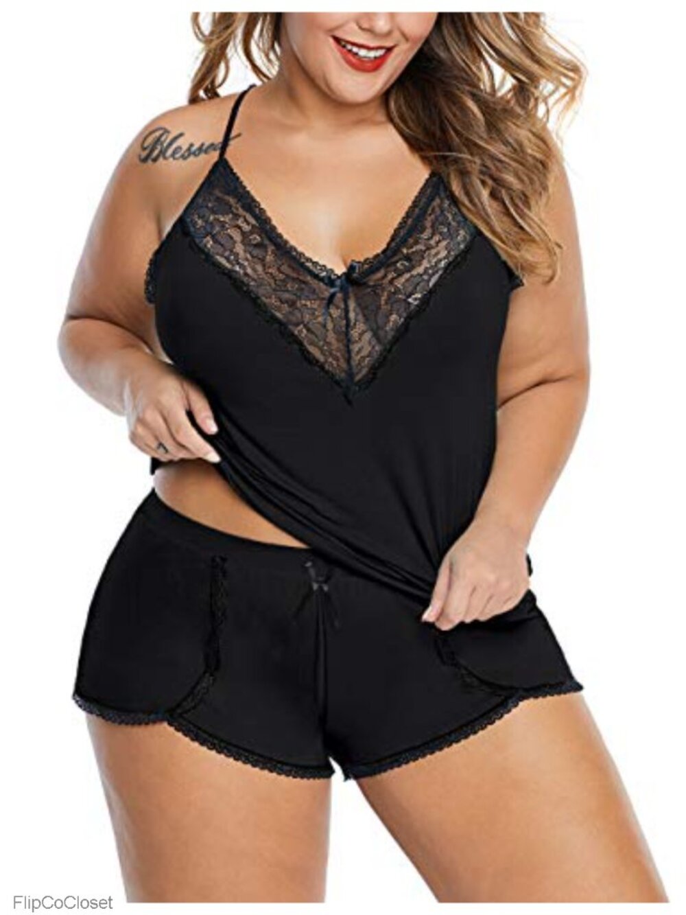 Women Plus Size Cami Shorts Pajama Set Lace Lingerie Sleepwear